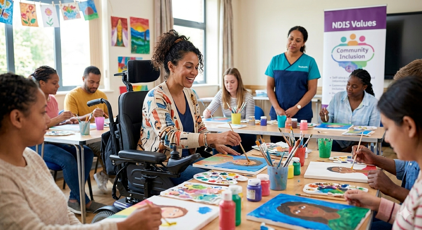 NDIS participant in wheelchair enjoying community inclusion art class supported by TrustCare nurse Perth
