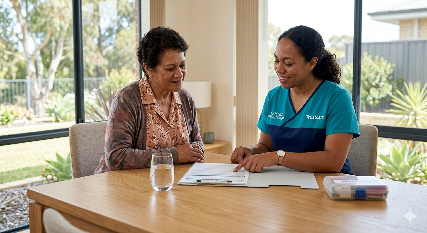 NDIS nurse discussing continence care plan with NDIS participant at home in Perth