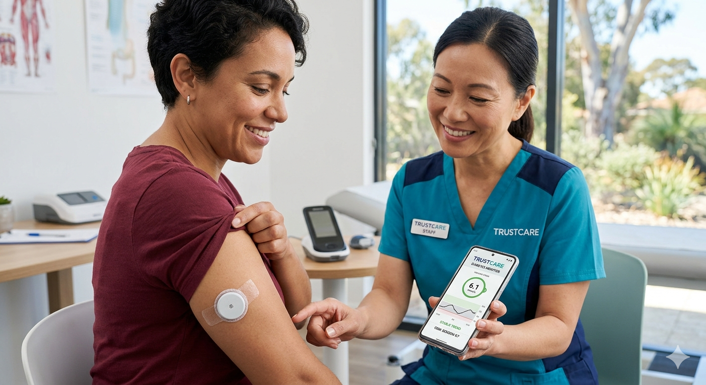 NDIS nurse demonstrating continuous glucose monitoring to participant — diabetes management Perth WA