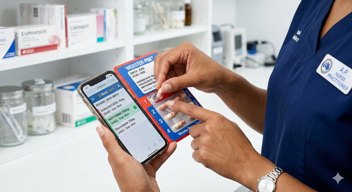 NDIS nurse practitioner administering medication via Webster-Pak — safe medication management Perth