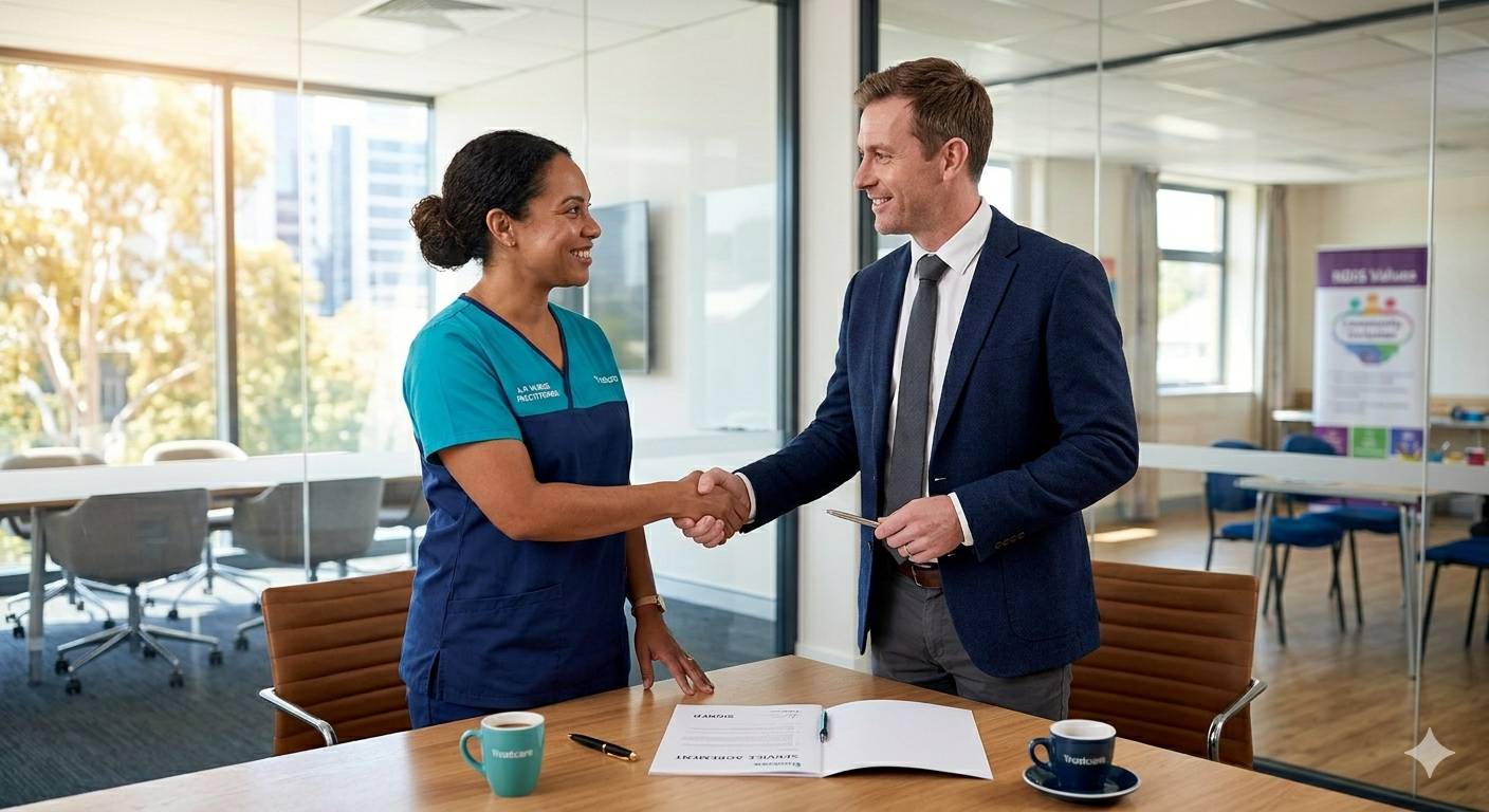TrustCare NDIS nurse subcontractor meeting with NDIS provider representative in Perth