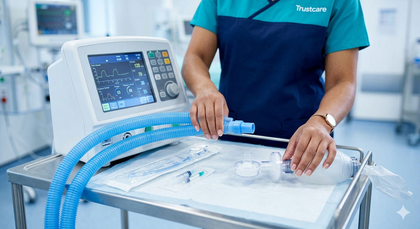 NDIS nurse setting up ventilator and respiratory support equipment — tracheostomy care Perth