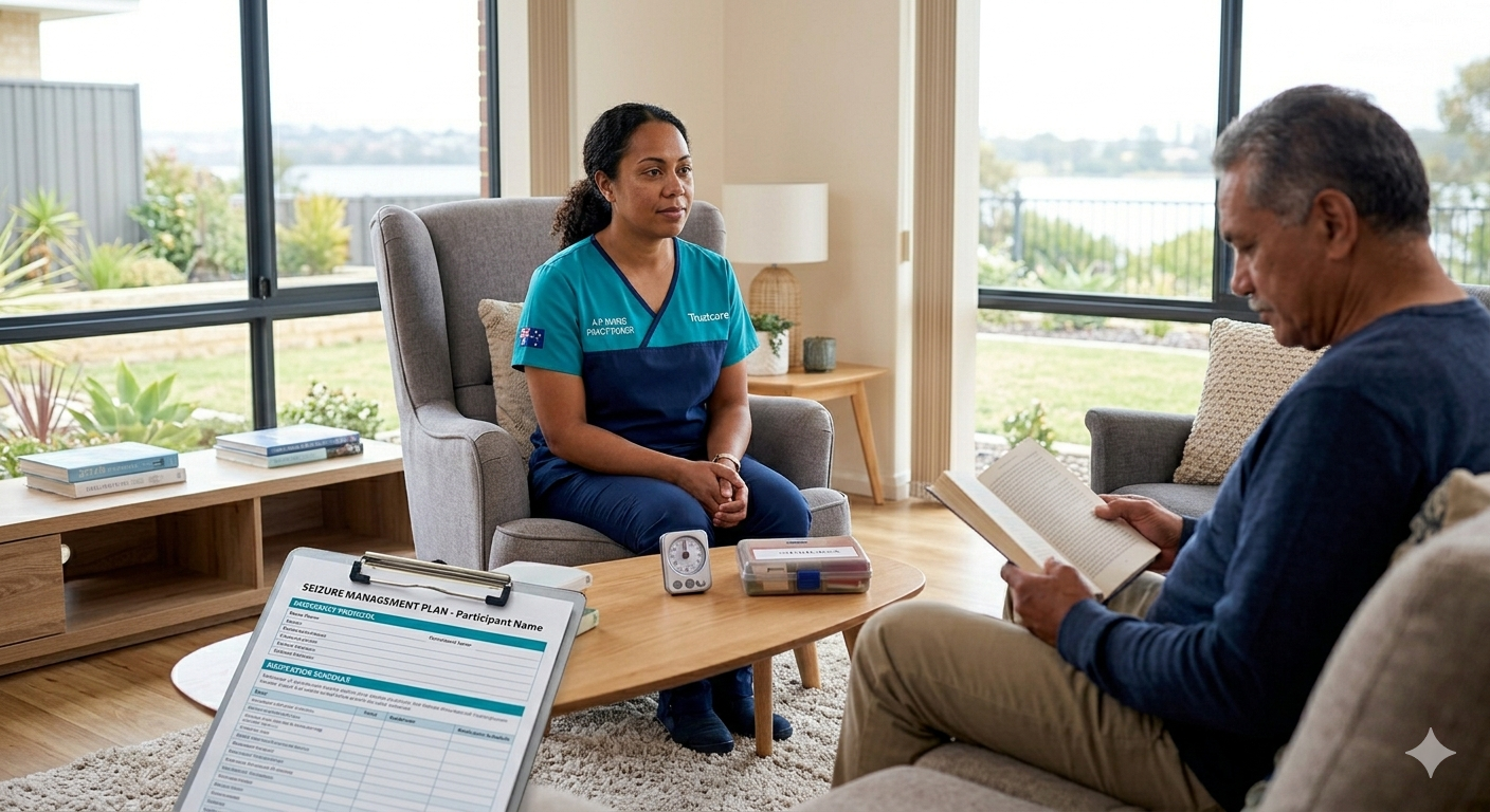 NDIS nurse reviewing seizure management plan with participant at home — epilepsy care Perth WA