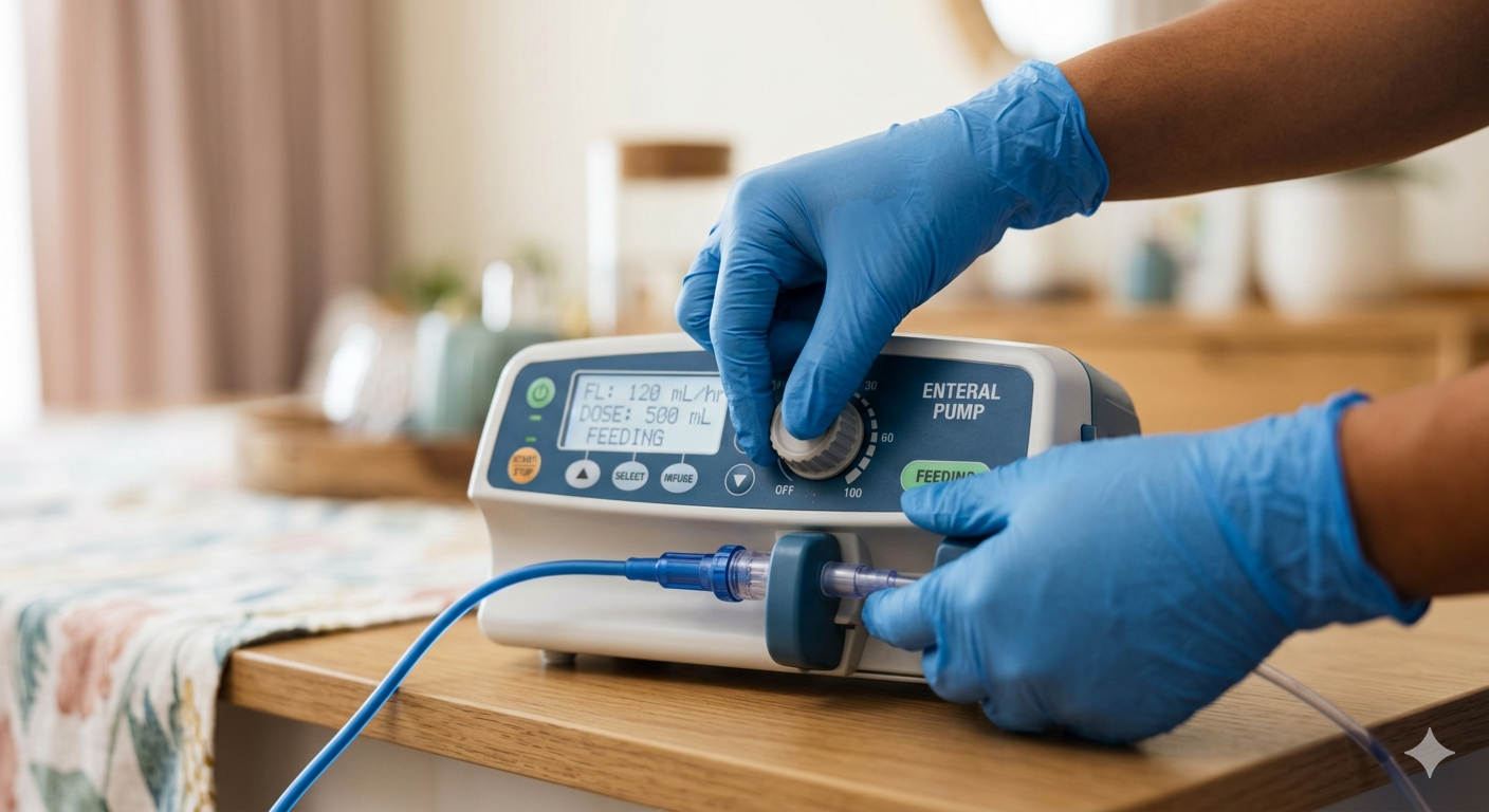 NDIS nurse operating enteral pump for PEG tube feeding — high-intensity NDIS nursing Perth