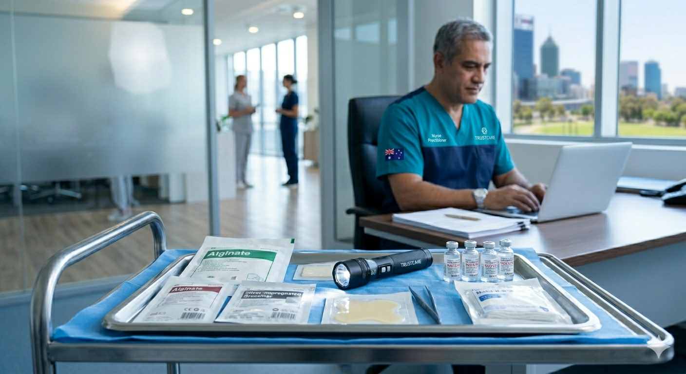 TrustCare NDIS nurse preparing wound care dressings — complex wound management Perth WA